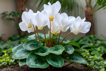 White cyclamen flowers with green leaves growing outdoors in a gardenの素材