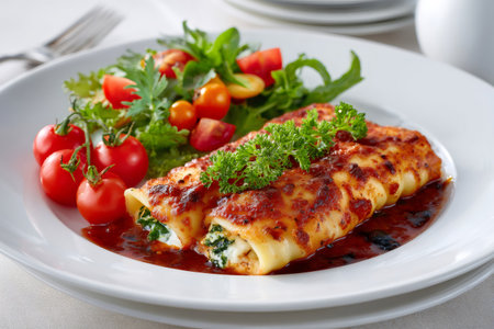 Cannelloni pasta filled with spinach and ricotta, topped with tomato sauce and parsley, with a side saladの素材
