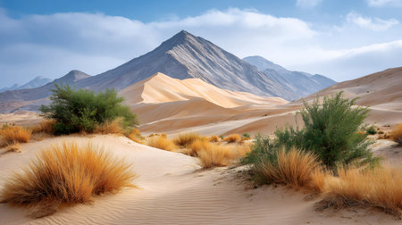Desert landscape presenting sand dunes, rugged mountains, and scattered dry plants under a clear skyの素材