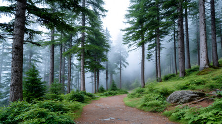 Forest path traversing through a misty woodland with tall evergreen trees and green undergrowthの素材