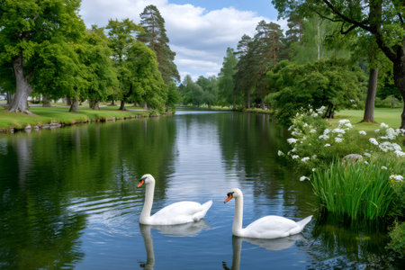 Pair of swans swimming on a serene lake surrounded by lush green trees and flowersの素材