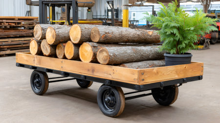 Timber logs stacked on a wooden industrial cart with a potted evergreen plantの素材