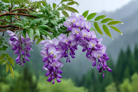 Wisteria vine with purple flowers and green leaves dripping raindrops, soft focus forest backgroundの素材