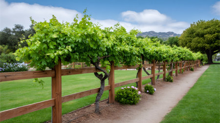 Lush green grapevines growing along a wooden fence next to a walking pathの素材