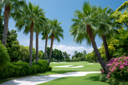 Lush green golf course fairway under a blue sky, featuring tropical palm trees and white sand trapsの素材