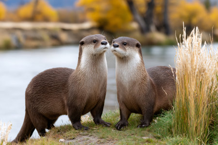 Two otters posing together on a grassy bank by a river with autumn treesの素材