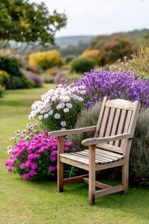 Wooden chair sitting in a vibrant flower garden on a sunny dayの素材