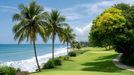 Palm trees line a green golf course next to the blue ocean under a sunny skyの素材