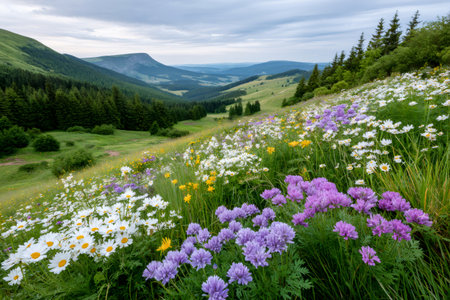 Verdant mountain meadow filled with white daisies and purple wildflowers under cloudy skyの素材