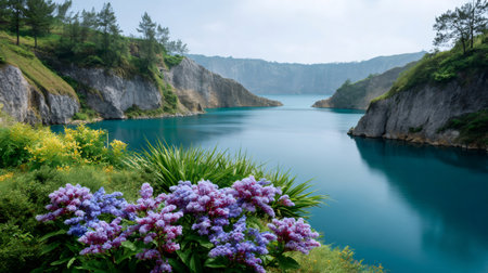 Turquoise lake waters reflecting sky, surrounded by steep cliffs and vibrant wildflowersの素材
