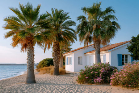 White beach house on a sandy beach with palm trees and blooming bushesの素材