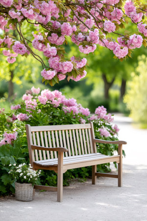 Wooden bench sitting on a pathway surrounded by blooming pink cherry blossoms and lush green foliageの素材