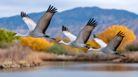 Sandhill cranes flying low over a pond, migrating in an autumn landscape with colorful trees and mountainsの素材