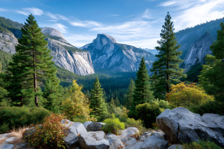 Yosemite National Park vista showing Half Dome, granite cliffs and pine forestの素材
