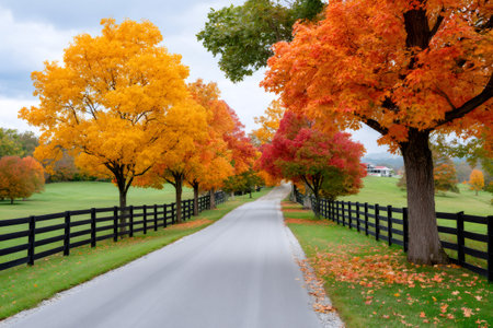 Country road winding through a landscape filled with vibrant fall foliage and a black fenceの素材