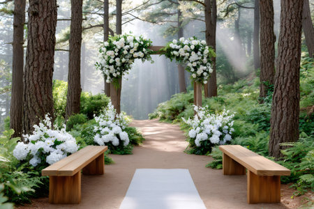 Wedding aisle and altar decorated with white flowers under morning sunbeams in a forestの素材