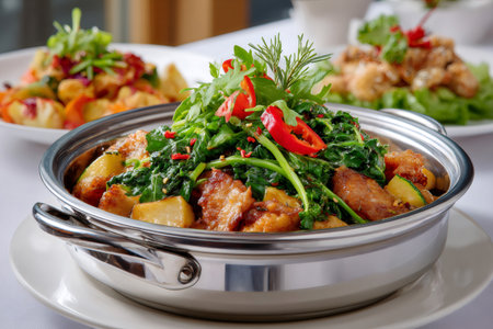 Asian stir-fry with fried pork belly, greens, chili, and zucchini in a metal potの素材