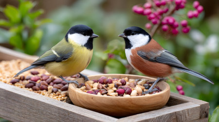 Two small birds eating birdseed from a wooden feeder in a gardenの素材