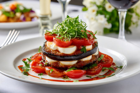 Eggplant parmigiana layered with fresh mozzarella, cherry tomatoes, and arugula on a white plateの素材