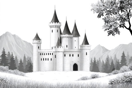 Fairytale castle standing on a hill with mountains and forest in a monochrome drawing styleの素材
