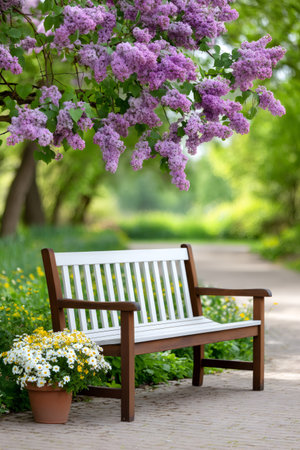 Lilac tree flowering above an empty wooden park bench with potted daisiesの素材