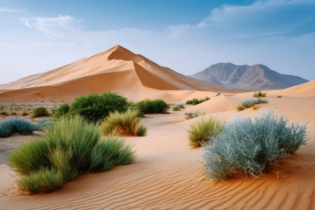 Arid desert landscape featuring golden sand dunes, scattered green shrubs, and mountains under a blue skyの素材