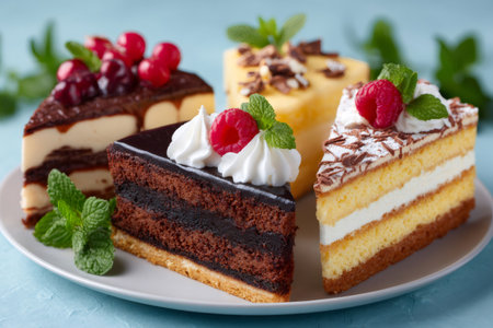 Variety of delicious dessert slices showcasing different flavors and toppingsの素材