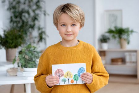 Child happily displaying eco-friendly illustration of various tree designsの素材