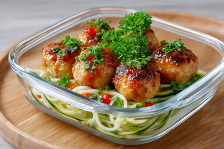 Chicken meatballs with sweet chili sauce and fresh herbs on zucchini noodles in a glass containerの素材