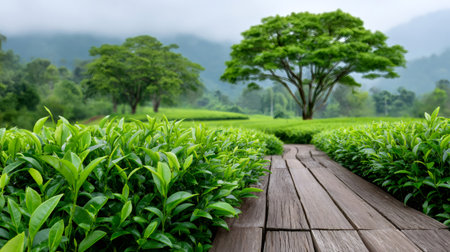 Tea plantation featuring fresh green leaves and a winding path leading through the scenic farmの素材