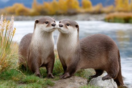Otters pair looking at each other by flowing river during autumn seasonの素材