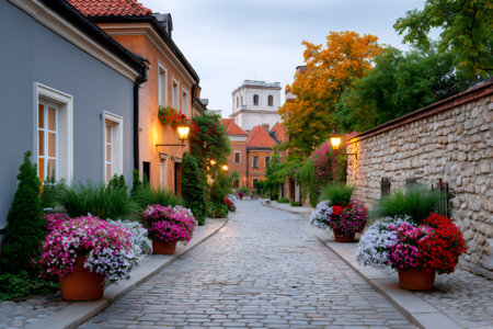 Cobblestone street in Warsaw Old Town illuminated by lanterns and vibrant flowerpotsの素材