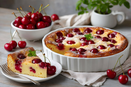 Cherry clafoutis cake with a slice on a plate, surrounded by fresh cherriesの素材
