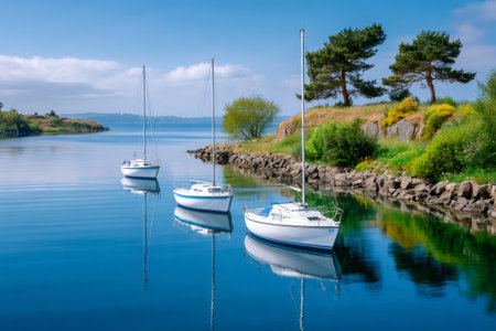 Sailboats floating peacefully on calm blue water with green trees and rocks along the shoreの素材
