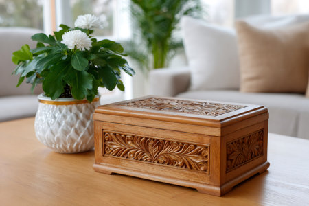 Intricately carved wooden box sitting on a wooden coffee table with a small potted plant in a living roomの素材