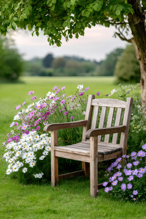 Wooden garden chair resting in lush green grass among vibrant flowers and a treeの素材