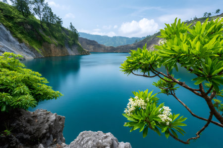 Turquoise water filling a former open pit quarry surrounded by lush green cliffs and treesの素材