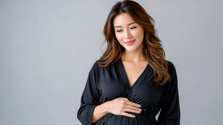 Happy pregnant Asian woman feeling love and connection with her unborn babyの素材