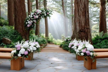 Outdoor wedding venue in a sunlit forest, featuring benches and a decorated floral archの素材