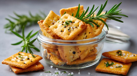 Golden crunchy crackers seasoned with fresh herbs and coarse salt in a glass jarの素材