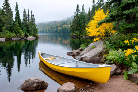 Yellow canoe resting on the shore of a peaceful lake reflecting autumn treesの素材