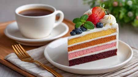 Colorful layered cake slice topped with fresh berries and mint, served with coffeeの素材