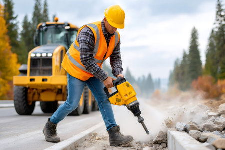 Construction worker in safety vest and hard hat breaking concrete with a jackhammerの素材