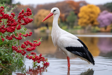 Stork wading in a lake with autumn trees and a branch of red berriesの素材