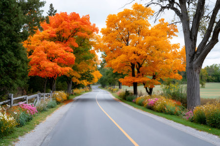 Rural road winding through colorful fall foliage and wildflowers in golden hour lightの素材