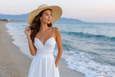 Woman wearing straw hat and white dress walking on beach at dusk, enjoying vacationの素材