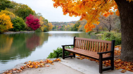 Park bench under vibrant fall foliage by a calm lake, offering a peaceful viewの素材