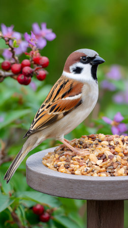 Eurasian tree sparrow perching on a backyard bird feeder with colorful berries and flowersの素材