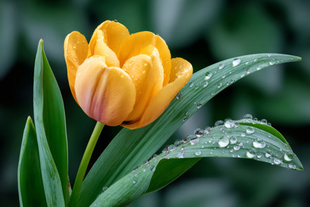 Yellow tulip and green leaves collecting water drops in springの素材