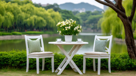 White chairs and table with flowers set on lawn near lake with willow treesの素材
